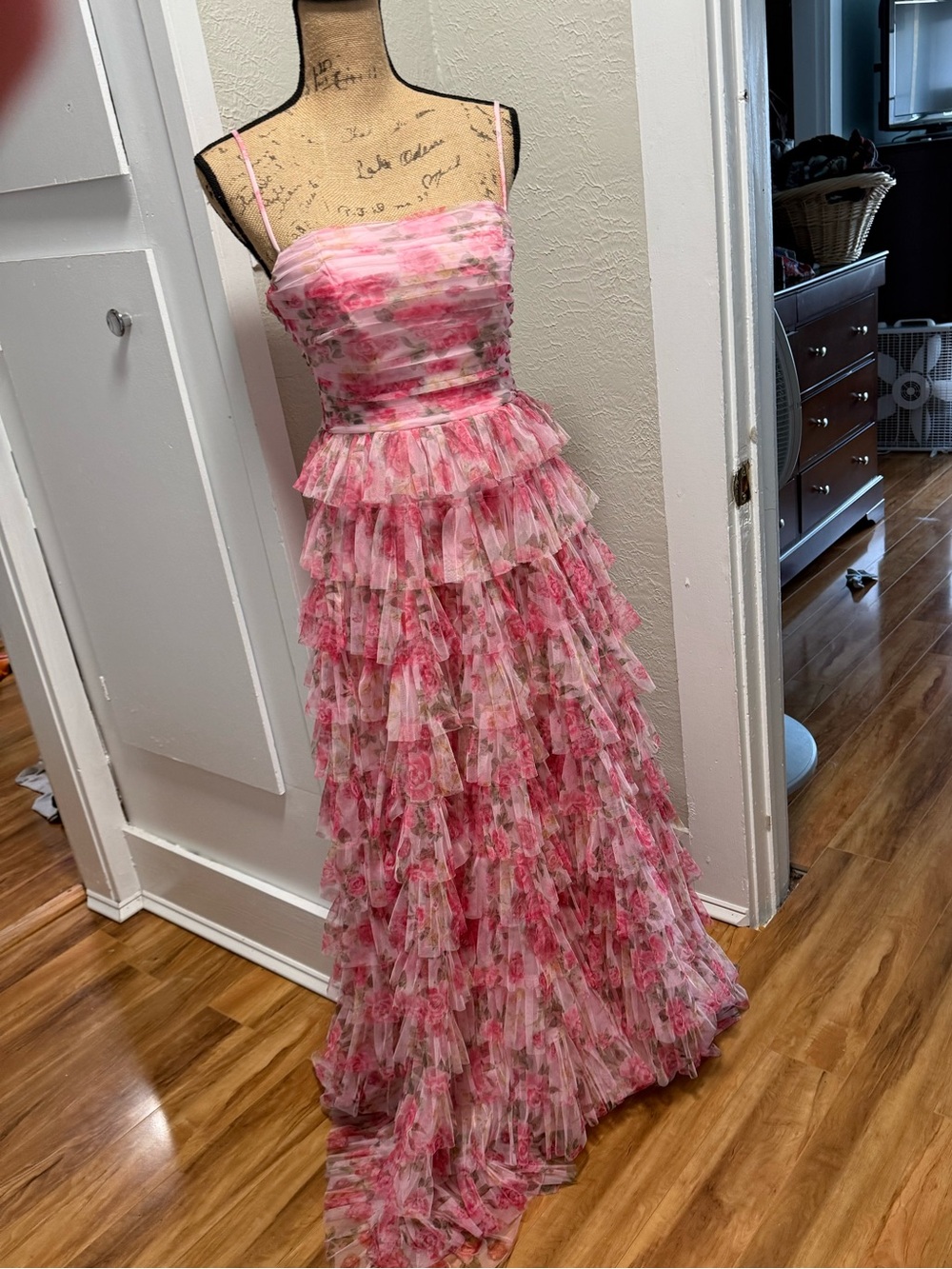 B Darlin Pink Floral Tiered Ruffle Maxi Dress